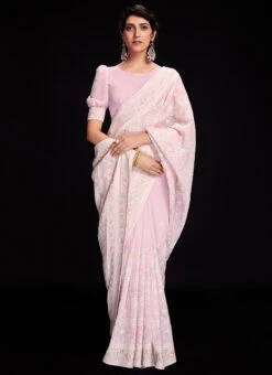 Pink Faux Georgette Sequins Chikankari Saree Party Wear -C Bazaar Shop pink faux georgette sequins chikankari saree sasad70006 u