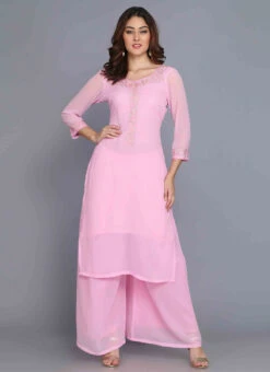 Pink Georgette Machine Embroidery Kurta Palazzo Set Party Wear -C Bazaar Shop pink georgette machine embroidery kurta palazzo set krskifh99660001322 u