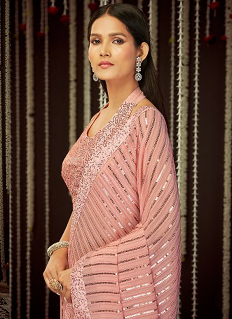 Pink Georgette Thread N Sequins Saree Party Wear 4 Pink Georgette Thread N Sequins Saree Party Wear - Image 4