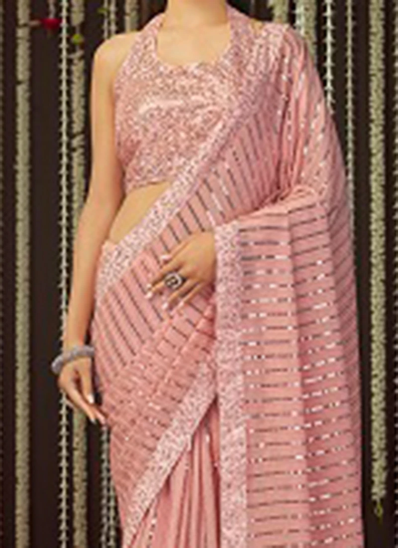 Pink Georgette Thread N Sequins Saree Party Wear 1 Pink Georgette Thread N Sequins Saree Party Wear