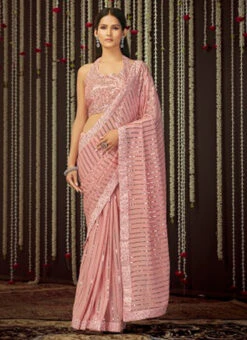 Pink Georgette Thread N Sequins Saree Party Wear 6 Pink Georgette Thread N Sequins Saree Party Wear -C Bazaar Shop pink georgette thread n sequins saree sasak349719004 u