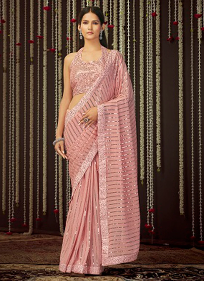 Pink Georgette Thread N Sequins Saree Party Wear 3 Pink Georgette Thread N Sequins Saree Party Wear - Image 3