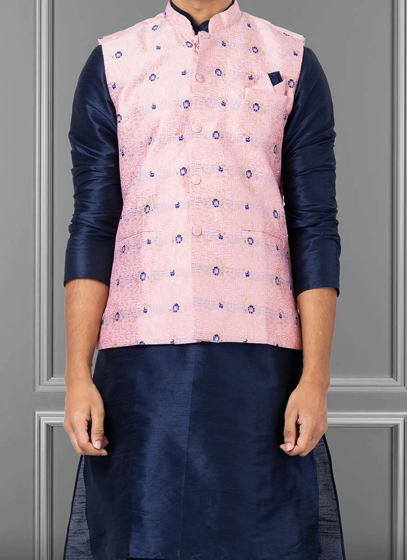 Pink Jacquard Silk Nehru Jacket 1 Pink Jacquard Silk Nehru Jacket