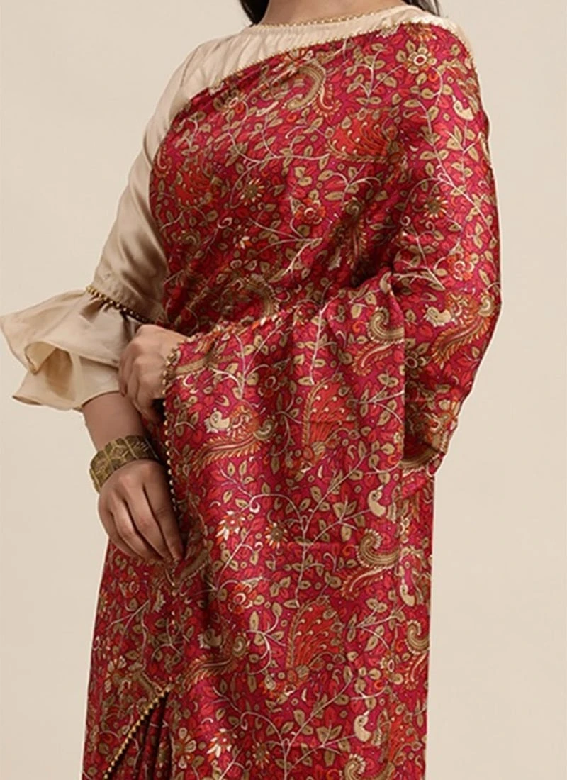 Pink N Beige Printed Boat Neck Saree Festive Wear 1 Pink N Beige Printed Boat Neck Saree Festive Wear