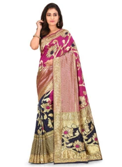 Pink N Blue Art Silk Kancheepuram Half N Half Sare Festive Wear -C Bazaar Shop pink n blue art silk kancheepuram half n half saree sadsf3448 u