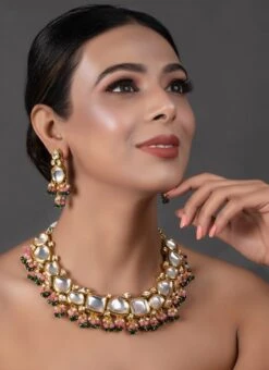 Pink N Green Necklace Set With Earrings Party Wear 5 Pink N Green Necklace Set With Earrings Party Wear -C Bazaar Shop pink n green necklace set with earrings jyndfemnls061 b