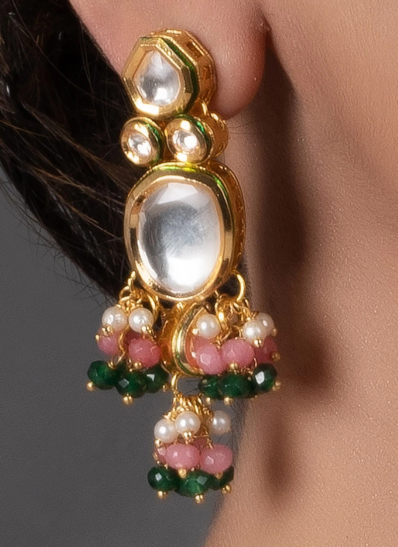 Pink N Green Necklace Set With Earrings Party Wear 1 Pink N Green Necklace Set With Earrings Party Wear