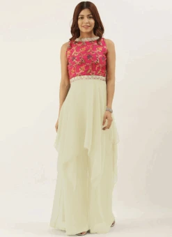 Pink N Off White Floor Length Palazzo Set Festive Wear -C Bazaar Shop pink n off white floor length palazzo set KSBS02207373 b