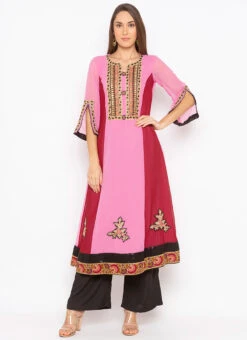Pink N Red Georgette Embroidered Kurta Palazzo Set After Six Wear -C Bazaar Shop pink n red georgette embroidered kurta palazzo set krsmnc1943ks u