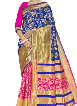 Pink N Royal Blue Banarasi Silk Zari Saree Festive Wear