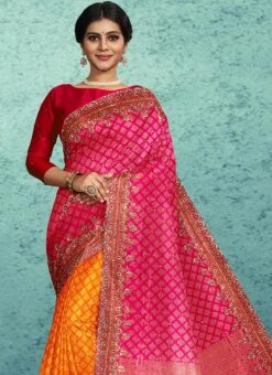 Pink N Rust Kanjeevaram Silk Hand Embroidery Half N Half Saree Festive Wear 7 Pink N Rust Kanjeevaram Silk Hand Embroidery Half N Half Saree Festive Wear -C Bazaar Shop pink n rust kanjeevaram silk hand embroidery half n half saree sadsf4753 b