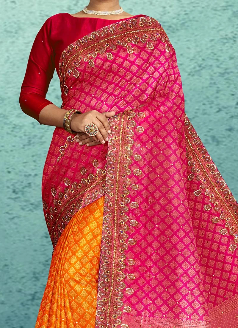Pink N Rust Kanjeevaram Silk Hand Embroidery Half N Half Saree Festive Wear 1 Pink N Rust Kanjeevaram Silk Hand Embroidery Half N Half Saree Festive Wear