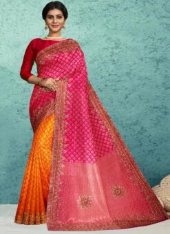 Pink N Rust Kanjeevaram Silk Hand Embroidery Half N Half Saree Festive Wear 6 Pink N Rust Kanjeevaram Silk Hand Embroidery Half N Half Saree Festive Wear -C Bazaar Shop pink n rust kanjeevaram silk hand embroidery half n half saree sadsf4753 u