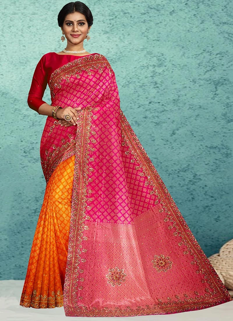 Pink N Rust Kanjeevaram Silk Hand Embroidery Half N Half Saree Festive Wear 3 Pink N Rust Kanjeevaram Silk Hand Embroidery Half N Half Saree Festive Wear - Image 3