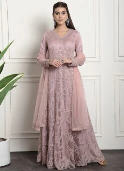 Pink Net Embroidered And Stones Gown Party Wear -C Bazaar Shop pink net embroidered and stones gown bgwrssls4016 u