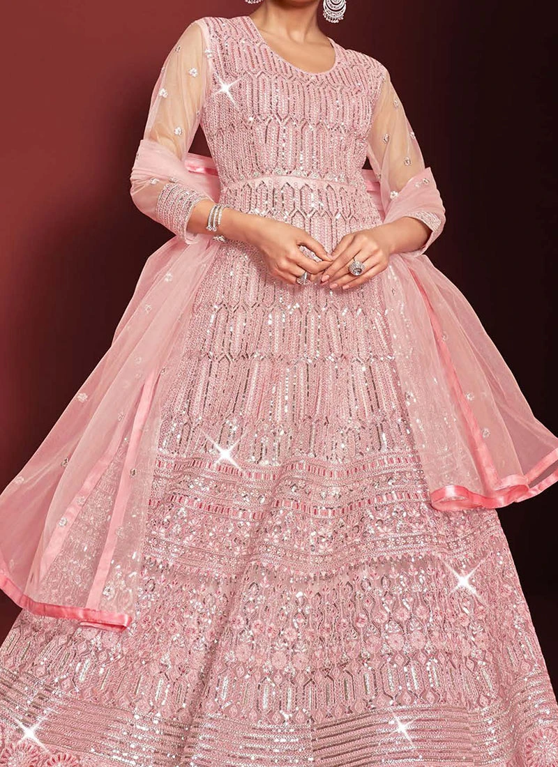 Pink Net Embroidered N Sequins Anarkali Suit Party Wear 1 Pink Net Embroidered N Sequins Anarkali Suit Party Wear