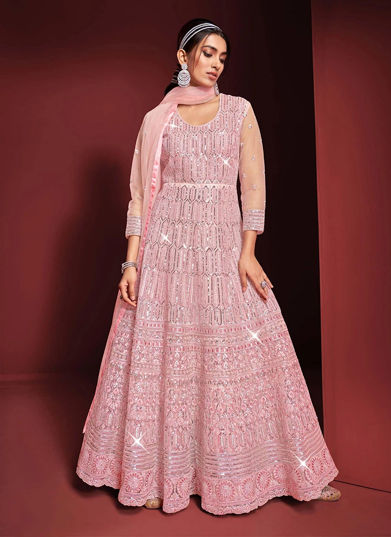 Pink Net Embroidered N Sequins Anarkali Suit Party Wear 3 Pink Net Embroidered N Sequins Anarkali Suit Party Wear - Image 3