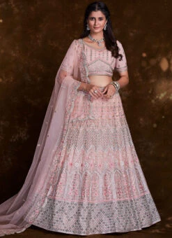 Pink Net Embroidered Stones Umbrella Lehenga Wedding Wear -C Bazaar Shop pink net embroidered stones umbrella lehenga ghska467275010 u