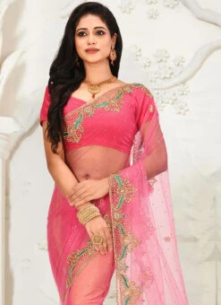 Pink Net Saree Festive Wear -C Bazaar Shop pink net saree sadsf3556 b