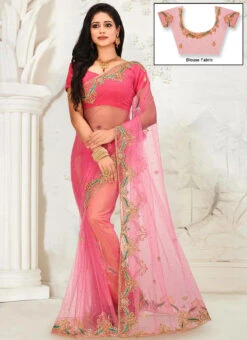 Pink Net Saree Festive Wear -C Bazaar Shop pink net saree sadsf3556 u