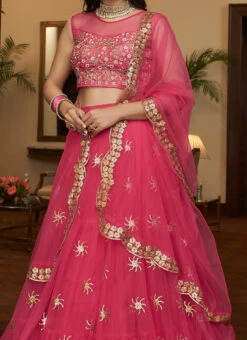 Pink Net Sequins Work Umbrella Lehenga Choli Party Wear