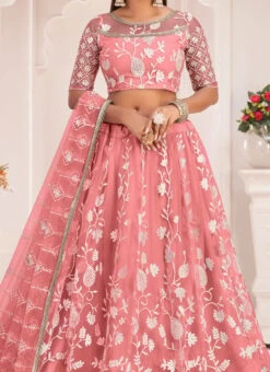 Pink Net Thread Embroidery Sequins Umbrella Lehenga Party Wear