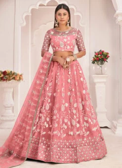 Pink Net Thread Embroidery Sequins Umbrella Lehenga Party Wear -C Bazaar Shop pink net thread embroidery sequins umbrella lehenga ghskl2112b u