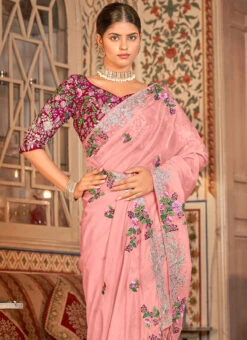 Pink Organza Thread N Sequins Work Saree Party Wear 7 Pink Organza Thread N Sequins Work Saree Party Wear -C Bazaar Shop pink organza thread n sequins work saree sasak353328001 b