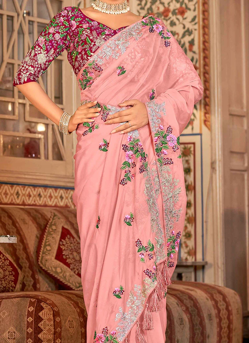 Pink Organza Thread N Sequins Work Saree Party Wear 1 Pink Organza Thread N Sequins Work Saree Party Wear
