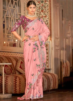 Pink Organza Thread N Sequins Work Saree Party Wear 6 Pink Organza Thread N Sequins Work Saree Party Wear -C Bazaar Shop pink organza thread n sequins work saree sasak353328001 u