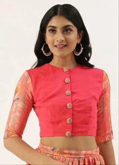 Pink Printed Rayon Jewel Neck Blouse Festive Wear -C Bazaar Shop pink printed rayon jewel neck blouse BLBS02305271 u