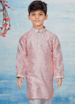 Pink Silk Dupion Printed Kids Kurta Pyjama Party Wear -C Bazaar Shop pink silk dupion printed kids kurta pyjama kdbsgrk722 b