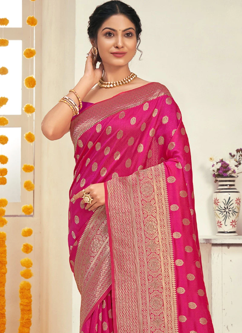 Pink Silk Zari Weaving Saree Festive Wear 4 Pink Silk Zari Weaving Saree Festive Wear - Image 4