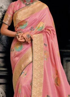 Pink Tissue Silk Zari Work Saree Festive Wear