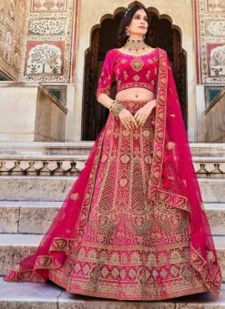 Pink Velvet Embroidered Resham Umbrella Lehenga Wedding Wear -C Bazaar Shop pink velvet embroidered resham umbrella lehenga ghska46822087 u