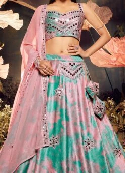 Pink Velvet Sequins Embroidery Mirror Work Umbrella Lehenga Party Wear