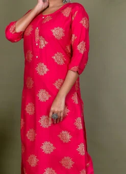 Pink Viscose Rayon Foil Printed Kurta Semi Palazzo Set Work Wear