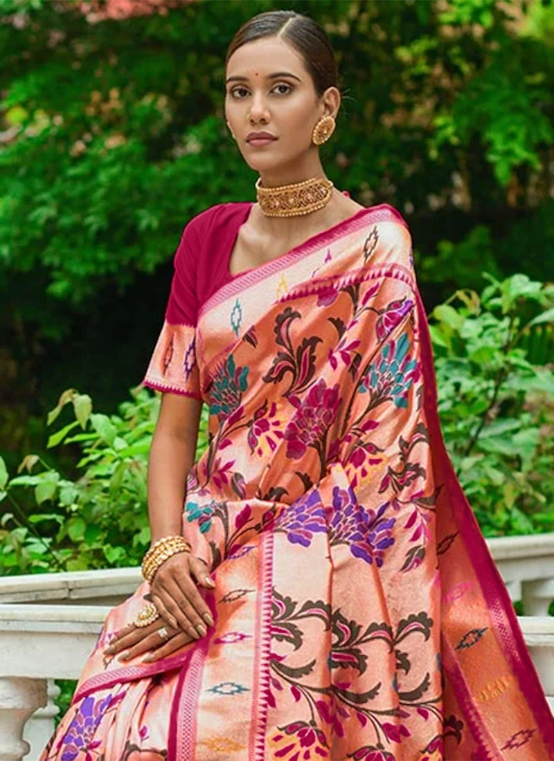 Pink Zari Woven Paithani Silk Saree Festive Wear 4 Pink Zari Woven Paithani Silk Saree Festive Wear - Image 4