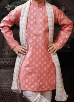 Pinkish Peach Cotton Printed Boys Kurta Pyjama Party Wear