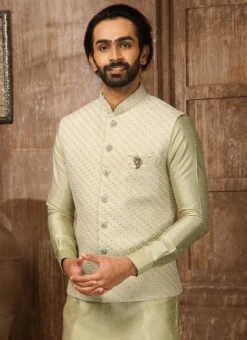 Pista Green Art Silk Banarasi Bandi Set Party Wear -C Bazaar Shop pista green art silk banarasi bandi set kpmac1313 b