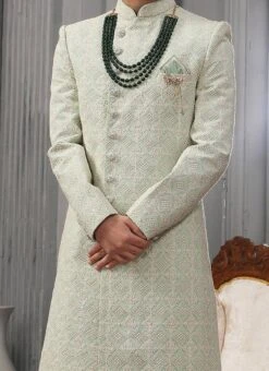 Pista Green Art Silk Lucknowi Embroidered Angrakha Sherwani Party Wear