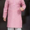 Pink Blended Cotton Printed Kids Boys Kurta Pyjama Festive Wear