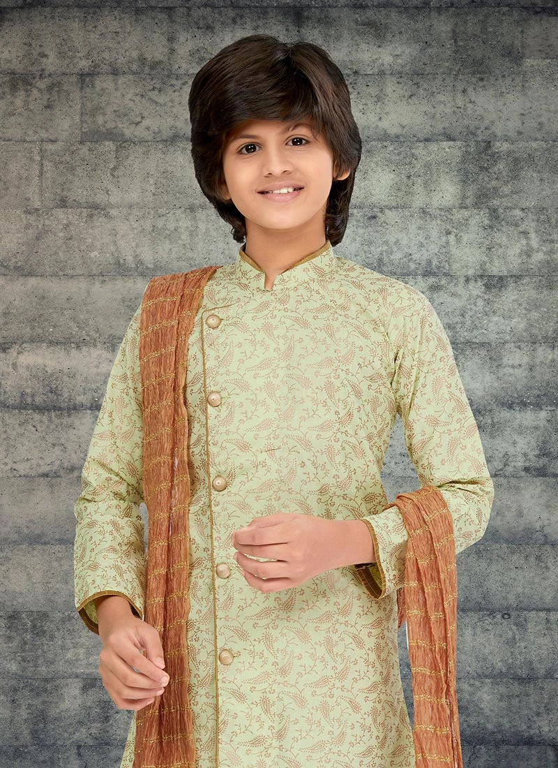 Pista Green Cotton Kids Boys Indowestern Sherwani Festive Wear 3 Pista Green Cotton Kids Boys Indowestern Sherwani Festive Wear - Image 3