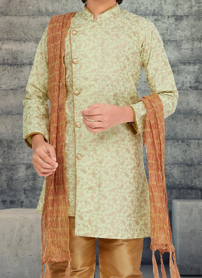 Pista Green Cotton Kids Boys Indowestern Sherwani Festive Wear 1 Pista Green Cotton Kids Boys Indowestern Sherwani Festive Wear