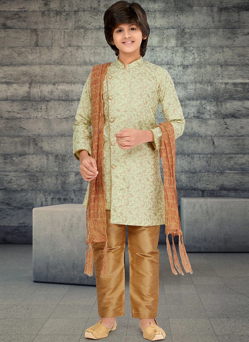 Pista Green Cotton Kids Boys Indowestern Sherwani Festive Wear 2 Pista Green Cotton Kids Boys Indowestern Sherwani Festive Wear - Image 2