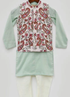 Pista Green Cotton Silk Embroidered Bandi Set Party Wear