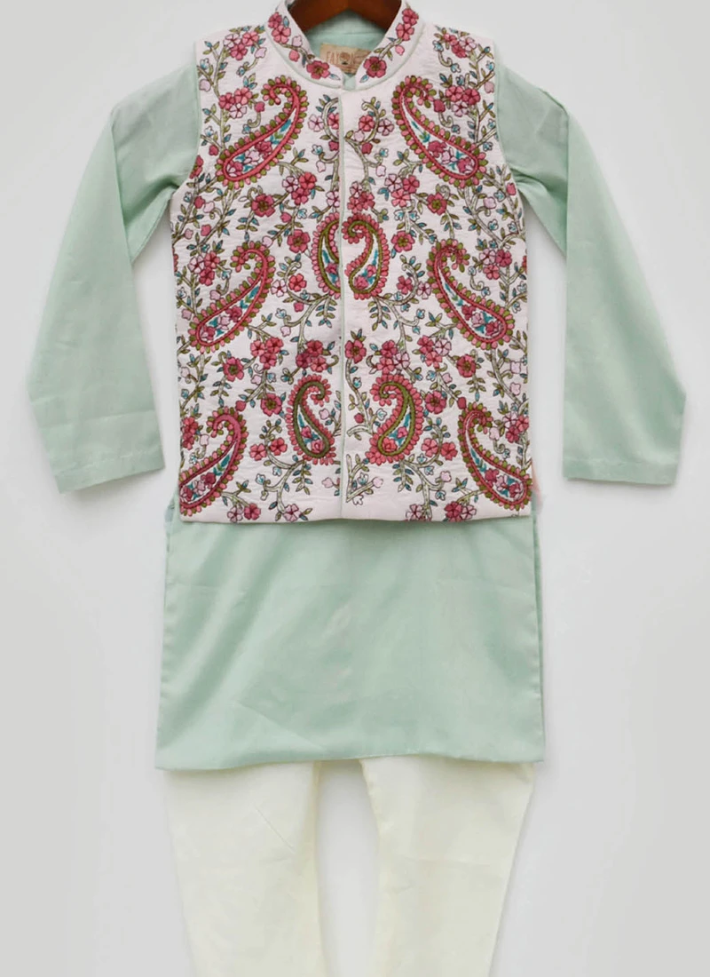 Pista Green Cotton Silk Embroidered Bandi Set Party Wear 1 Pista Green Cotton Silk Embroidered Bandi Set Party Wear