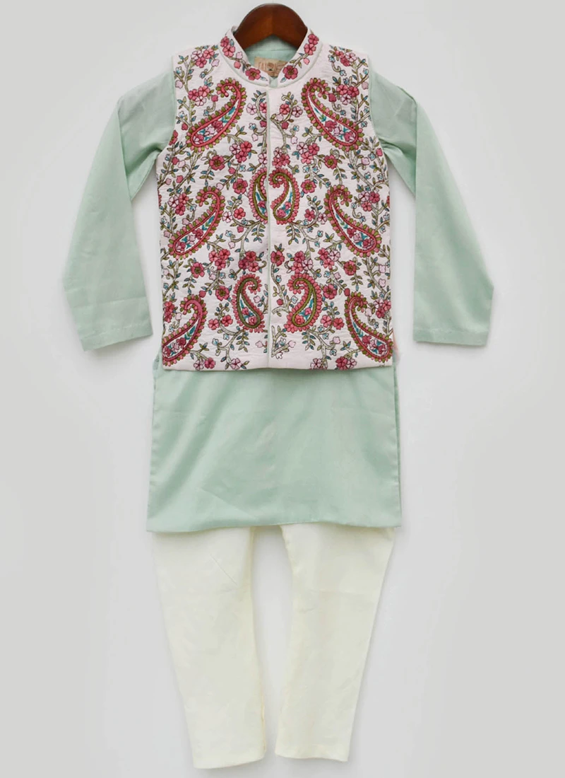 Pista Green Cotton Silk Embroidered Bandi Set Party Wear 2 Pista Green Cotton Silk Embroidered Bandi Set Party Wear - Image 2