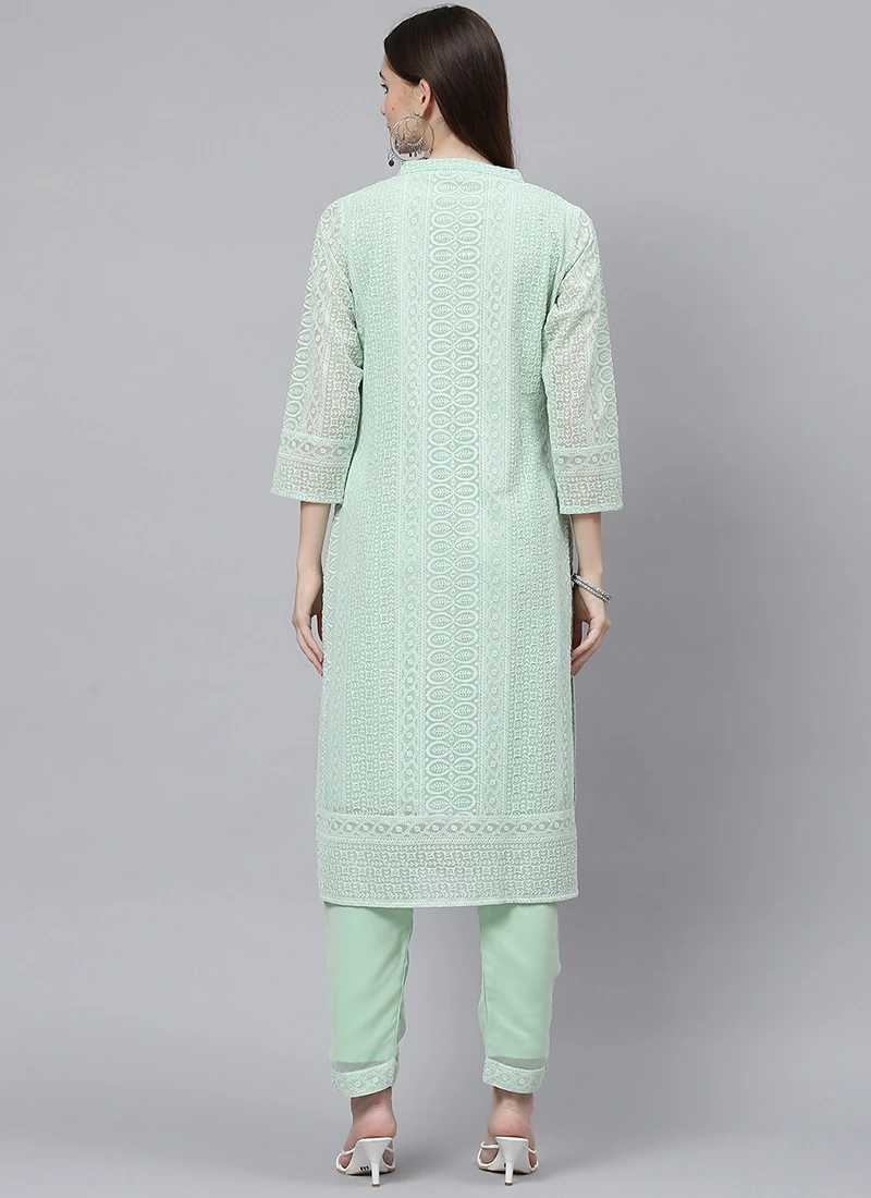 Pista Green Georgette Embroidery Kurta Straight Pant Set Work Wear 4 Pista Green Georgette Embroidery Kurta Straight Pant Set Work Wear - Image 4