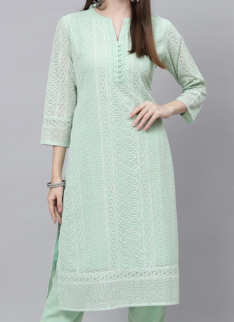 Pista Green Georgette Embroidery Kurta Straight Pant Set Work Wear 1 Pista Green Georgette Embroidery Kurta Straight Pant Set Work Wear